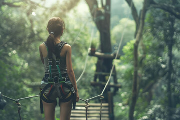 This image captures a woman equipped with harnesses preparing to cross a suspension bridge in a lush green forest. The image highlights the adventurous and exhilarating nature of extreme sports - obrazy, fototapety, plakaty