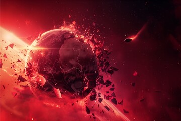 An illustration of a bright red planet Earth floating in space being destroyed from explosion for world end - obrazy, fototapety, plakaty