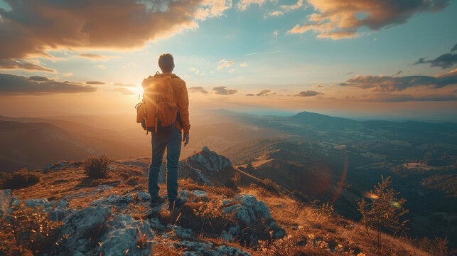 a man standing on a rocky terrain and looking at a breathtaking sunset with scattered clouds painting the sky, evoking a feeling of awe and calm.