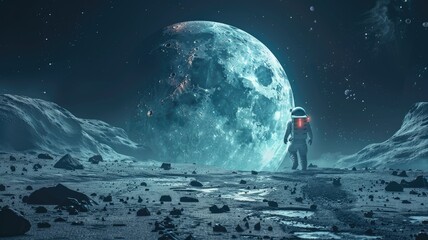 Astronaut on lunar terrain with planet rise - An astronaut's exploration on a lunar landscape with a dramatic large planet rise in the background