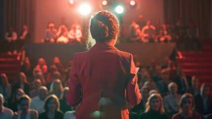 Back view of a woman addressing an audience - An elegantly dressed woman is seen from behind, facing an audience under dramatic stage lights in a likely speaking engagement