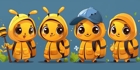 A group of funny bees wearing caps stand happily, adding humor to a cheerful cartoon illustration.