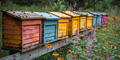 In the apiary, honeybee families fly amid nature, gathering nectar, ensuring ecological balance, and nurturing their hive.