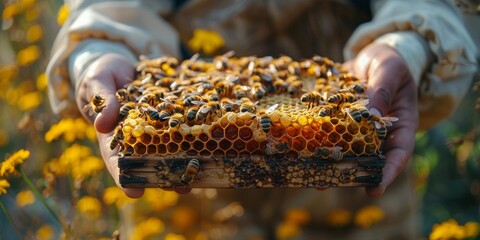 Hands hold a frame filled with golden honey, showing the busy work of bees in a natural hive.