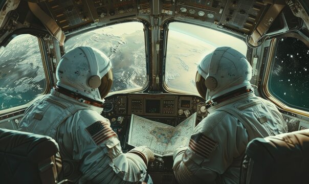 Astronauts examining map in spaceship cockpit - Two astronauts consult a map within the confines of their spacecraft, Earth's curvature visible through cockpit window