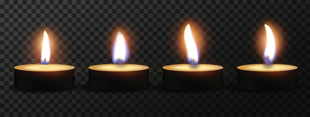 Four candles burning in the dark. Light blur effect. High detailed realistic illustration - obrazy, fototapety, plakaty