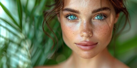 A young, glamorous brunette woman in a stylish portrait, showcasing perfect skincare and health.