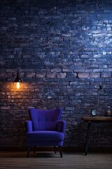 Fototapeta na wymiar Room with brick wall and indigo lights background