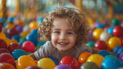 A happy child with curly hair enjoys playing in a ball pit full of vibrant colored balls, with joy written all over the face