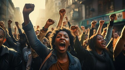 Spontaneous rally of black people on city street. Image depicts powerful moment of unity during protest rally on city street, with participants raising their fists in solidarity - obrazy, fototapety, plakaty