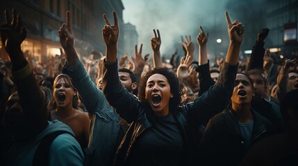 a spontaneous protest rally of black people on a city street. People with their hands in the air are shouting slogans.