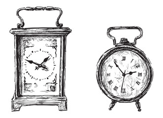 Alarm clock, table clock, retro style, time, minutes, hours, signal, old, sketch,doodle, vector hand drawn illystration isolated on white - 766349559