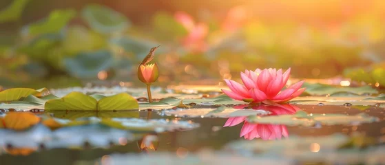 Foto op Canvas  A pink blossom floats atop a serene pond surrounded by lily pads & water lilies © Wall