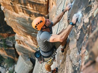 Rock climber climbs steep wall wearing helmet. - Powered by Adobe