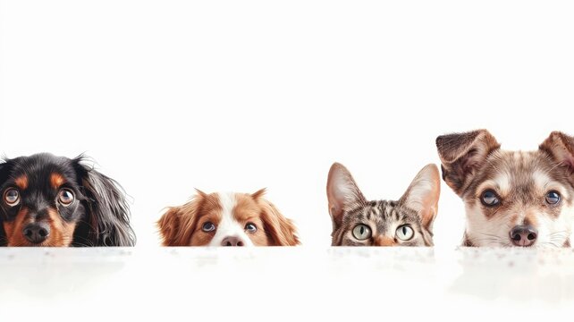Four cute pets peeking over edge - Captivating image of two dogs and two cats peeking over a white surface with curious expressions, ideal for pet lovers