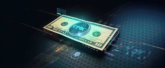 central bank digital currency or CBDC crypto stable coin or currency concept for centralized crypto digital finance and fiat federal money with smart contract functions and the future of digital DEFI