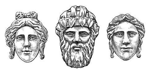 Mask marble, ancient, architectural detail, wall, three, male female, human faces,vector hand drawing isolated on white - 766349739