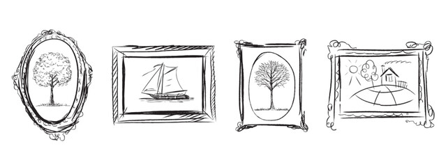 Pictures in frames doodle sketches wall museum, vector hand drawing isolated on white