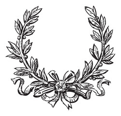 Triumph wreath laurel branches, ribbon, sketch,hand drawn black and white vector illustration isolated on white - 766349790