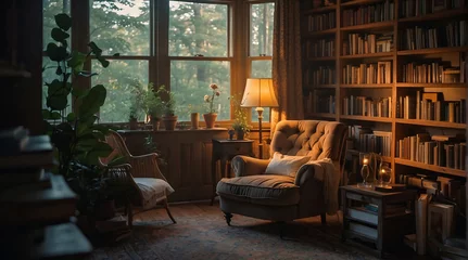Fototapeten a cozy atmosphere with a comfortable chair soft lighting, and books a perfect haven for quiet relaxation. ai generated © Abdul