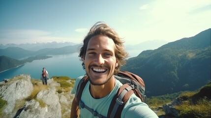 Mountain Summit Selfie. A joyful young hiker captures a selfie atop a mountain, showcasing adventure, outdoor lifestyle, and social media influence in the realm of tourism and sports - obrazy, fototapety, plakaty