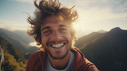 A vibrant image capturing a young hiker's exhilaration as he takes a selfie atop a mountain peak. Symbolizes adventure, happiness, and the allure of outdoor exploration in the social media age