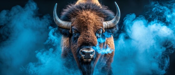  Close-up of bison with blue smoke emanating from its back and mouth - obrazy, fototapety, plakaty