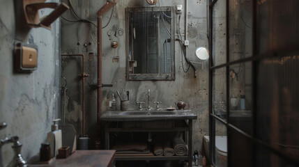 Fototapeta na wymiar An industrial-chic bathroom featuring exposed pipes, concrete walls, and a salvaged metal vanity for an edgy urban look 