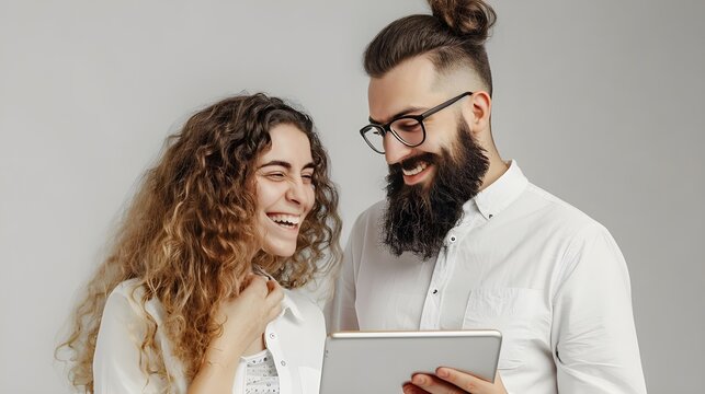 Participants in the business process, a young woman and a man, consult with each other, studying information on a tablet, which contributes to the overall success of the project.