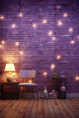 Room with brick wall and lilac lights background
