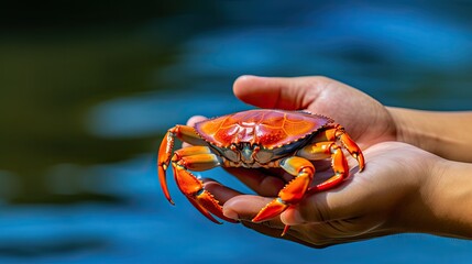 Man holds a crab in his palms. A fisherman caught and holds a crab in his hands against the backdrop of the sea.