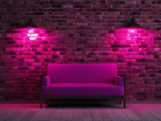 Room with brick wall and magenta lights background - obrazy, fototapety, plakaty
