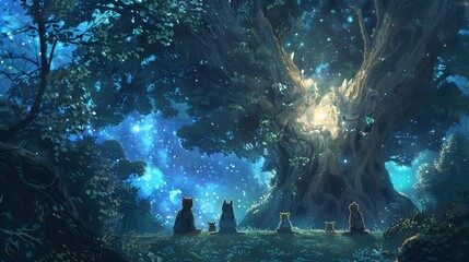 Light shone from the trees in the forest and surrounded by animals.