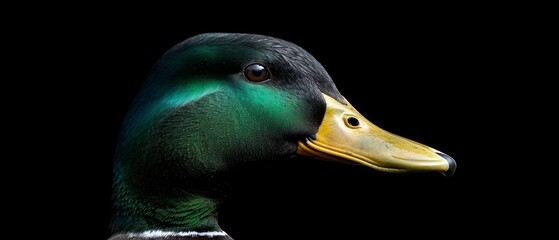  A duck's head with a green and yellow color scheme on a black background in a close-up shot