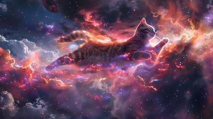 Cat hopping on Nebula clouds shimmer in a starry space background - obrazy, fototapety, plakaty