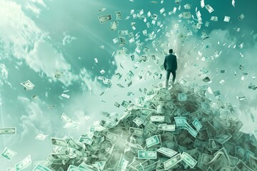 Businessman standing on top a mountain of money, with a cascade of cash raining down from above. Concept of success, financial prosperity, and abundance. 