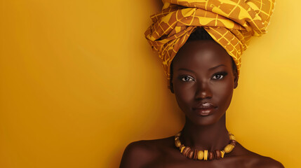 Elegant African woman with a vibrant yellow head wrap and traditional necklace posing against a monochromatic background, embodying beauty and cultural heritage