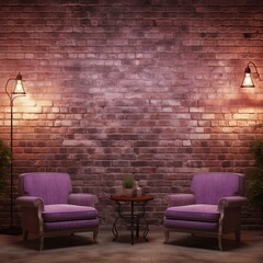 Room with brick wall and mauve lights background - obrazy, fototapety, plakaty