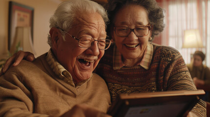Two joyous seniors share a laugh while looking at a tablet in a cozy living room.