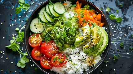 Leckere Food Bowl mit vielen gesunden Zutaten (Reis, Tomaten, Avocado, Salat, Gurke, Sesam und Möhren)