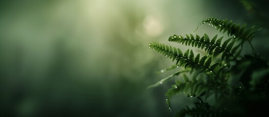 Fern on an early overcast morning with dewdrops, A close up of a green fern in a forest with a soft blurred background with space for copy, AI generated - obrazy, fototapety, plakaty