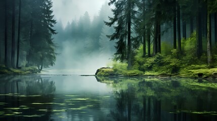 A tranquil forest lake reflecting the vibrant green hues of the surrounding trees, with mist gently...