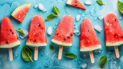 Watermelon Popsicles on a colorful background. Refreshing summer fruit concept - obrazy, fototapety, plakaty