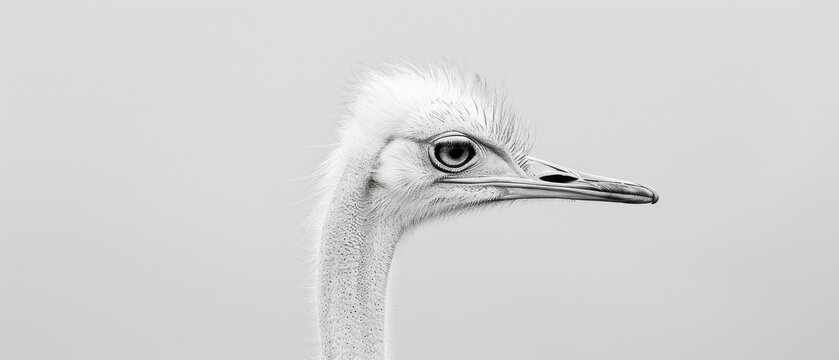  A photo of an ostrich's head, monochromatic in black and white against a soft gray sky