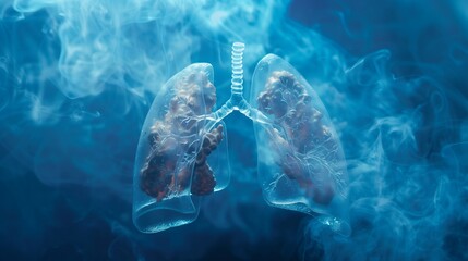 Digital illustration of human lungs with visible trachea enveloped by smoke, depicting the concept of smoking effects and respiratory health issues - obrazy, fototapety, plakaty