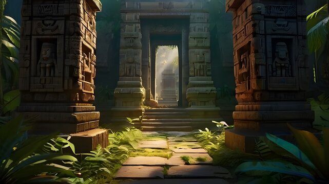ai generated realistic beautiful ancient temple hidden in a forest with intricate carvings and surrounded by dense foliage and magnificent ancient buildings