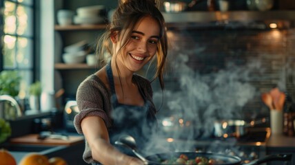 Fototapeta na wymiar Smiling woman cooking in kitchen - A joyful young woman is cooking and smiling in a home kitchen with steam rising from the pan