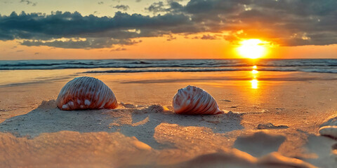 A seashell nestled on a sandy beach .