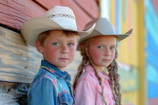 Young cowboy and cowgirl siblings posing - Two children dressed in western attire with cowboy hats stand confidently against a colorful backdrop