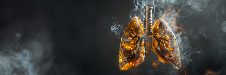 Digital illustration of damaged human lungs glowing with fire and smoke on a dark background, concept for smoking hazards and lung cancer awareness